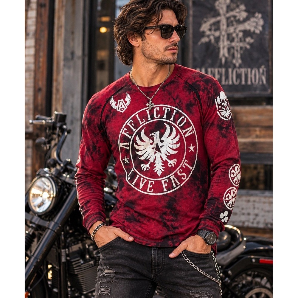 Affliction Live Fast Men's XL Red Black Tie Dye Long Sleeve Graphic Shirt